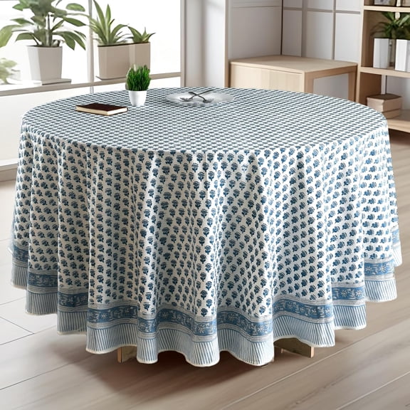 Apatite Blue Block Print Cotton Round Tablecloth 90 Inch