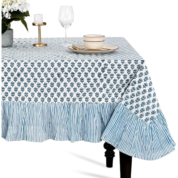 Apatite Blue Block Print Ruffle Tablecloth 100% Cotton 60" x 60" Square Floral