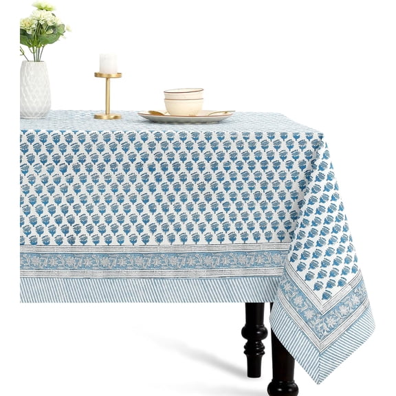 Apatite Blue Floral Hand Block Printed 100% Cotton Tablecloth 120" x 60" Rectangular