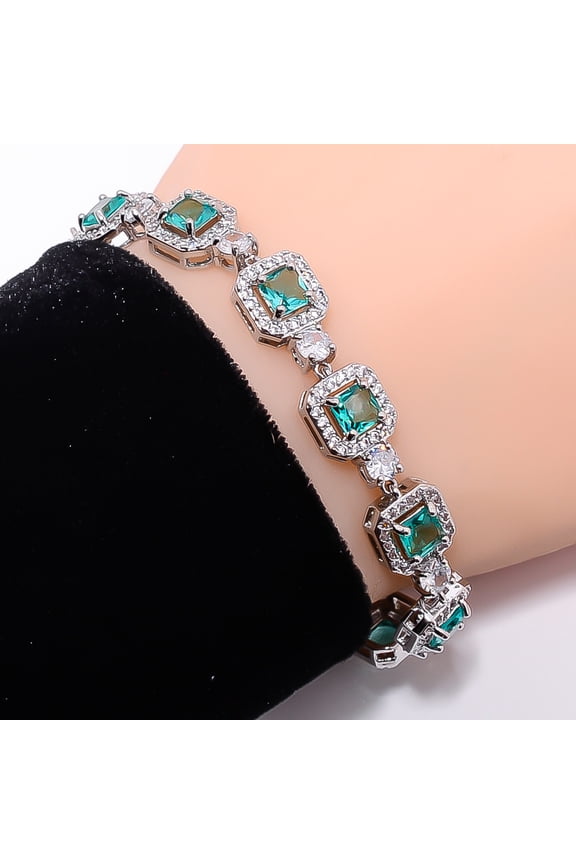 Apatite, CZ 925 Sterling Silver Adjustable Tennis Bracelet 7-8" B13293, Apatite Bracelet, Cyan Bracelet, Square Bracelet