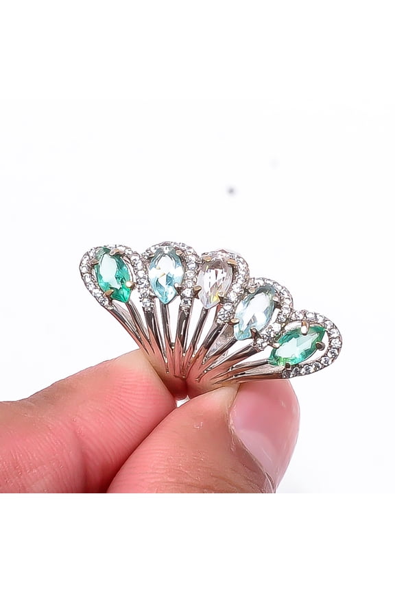 Apatite & Cubic Zirconia 925 Sterling Silver Platinum Plated Ring S.6.5 R25