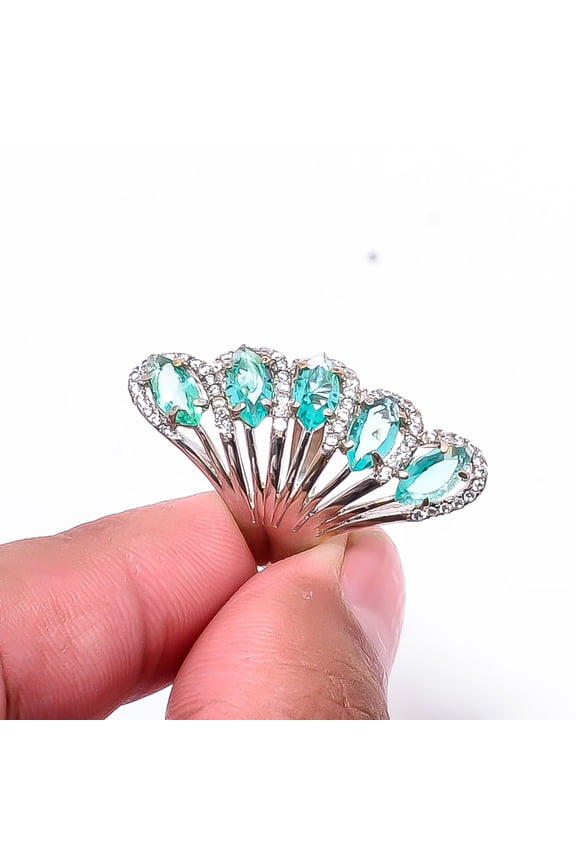 Apatite & Cubic Zirconia 925 Sterling Silver Platinum Plated Ring S.6.5 R2