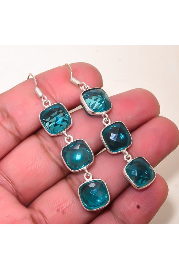Apatite Gemstone 925 Sterling Silver Handmade Bezel Earring 2.34" E3