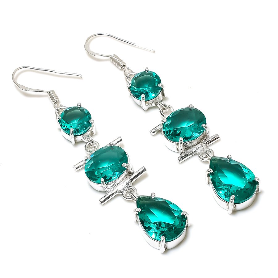 S S GEMS & JEWELLERY Apatite Gemstone Earrings Handmade Antique Design Women Solitaire Jewelry 2.50"