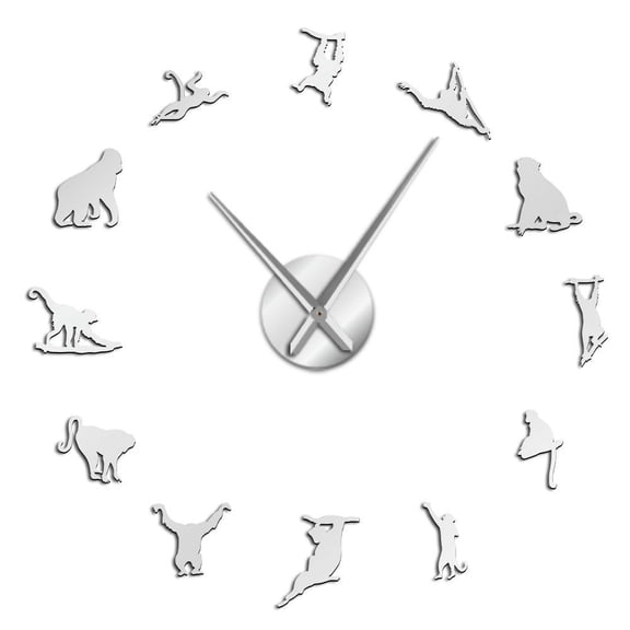 Ape And Monkey Orangutan Acrylic 3D DIY Wall Clocks Old World Monkeys Africa Animals Quartz Clock Battery Operated Clock Watch(Silver,47inch)