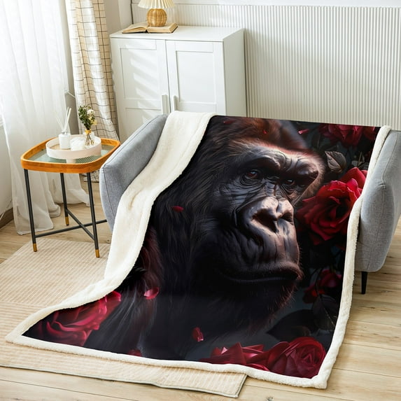 Ape Blanket Black Gorilla Throw Blanket 60"x80",Red Rose Chimpanzee Fleece Blanket Gothic Animals Bed Blanket for Sofa Couch Travel Camping Bed Chair