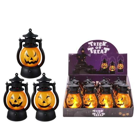 ApePal 12 PC Glowing Mini Pumpkin Lantern Set, Light Up Vintage Style Halloween Hanging Decor with Handle, Small Spooky Lanterns with Display Box for Fireplace Shelf Balcony Coffee Table Accent