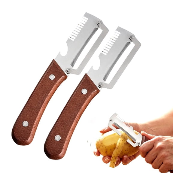 ApePal 3-in-1 Multi-Functional Vegetable Peeler,Kitchen Tool with Sharp Stainless Steel Blades & Wooden Handle,Combines Peeler,Scallion Cutter & Bottle Opener