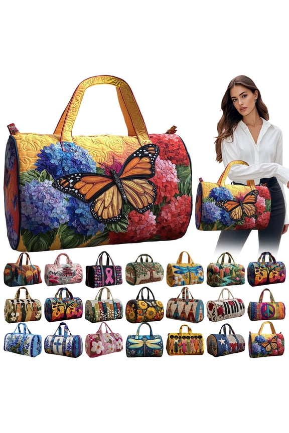 Large Quilted Duffle Bag for Women Floral Print Barrel Overnight Weekender Handbag Travel Holiday Top Handle Satchel A-A 16*8*8"