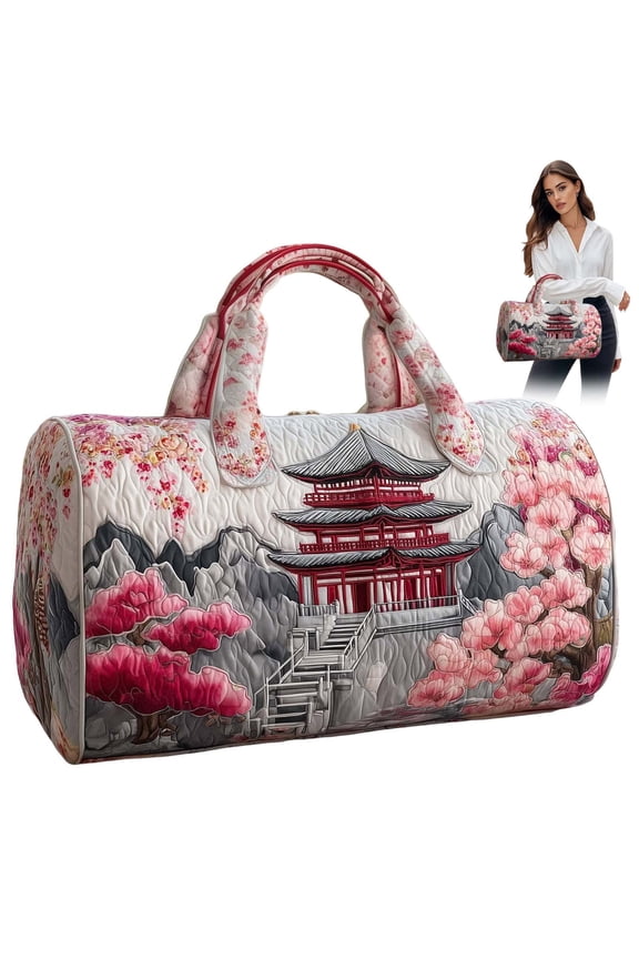 Large Quilted Duffle Bag for Women Floral Print Barrel Overnight Weekender Handbag Travel Holiday Top Handle Satchel B-A 16*8*8"