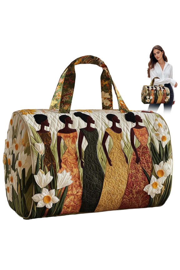 Large Quilted Duffle Bag for Women Floral Print Barrel Overnight Weekender Handbag Travel Holiday Top Handle Satchel G-A 16*8*8"