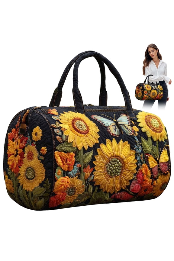 Large Quilted Duffle Bag for Women Floral Print Barrel Overnight Weekender Handbag Travel Holiday Top Handle Satchel J-B 18*9*9"