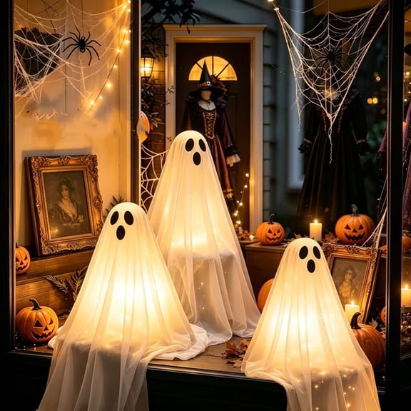 ApePal Pre-Lit Fabric Halloween Ghost 25", Light Up Glowing Floating Sheet Ghost Statue, Cute Spooky Halloween Party Decorations for Entryway Window Display Corner Accent