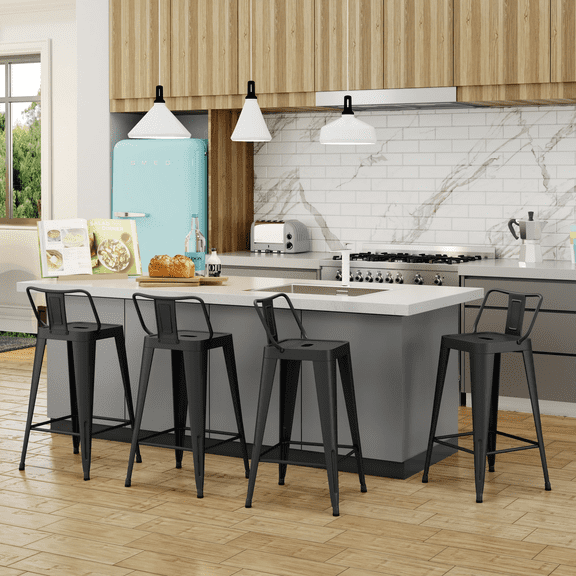 Apeaka 26" Stackable Metal Barstools Set of 4 Counter Height Bar Stools with Back (24" Seat Height, Iron Top Low Back Matte Black)