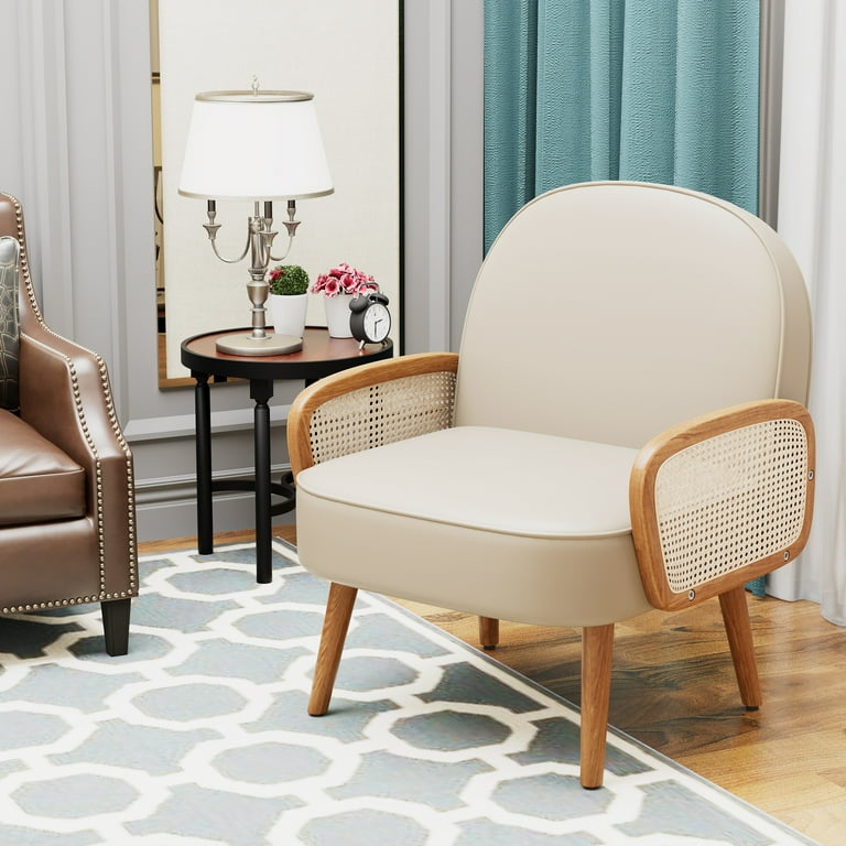 Apeaka Fabric Arm Chair with Rattan Armrest, Solid Wooden Legs