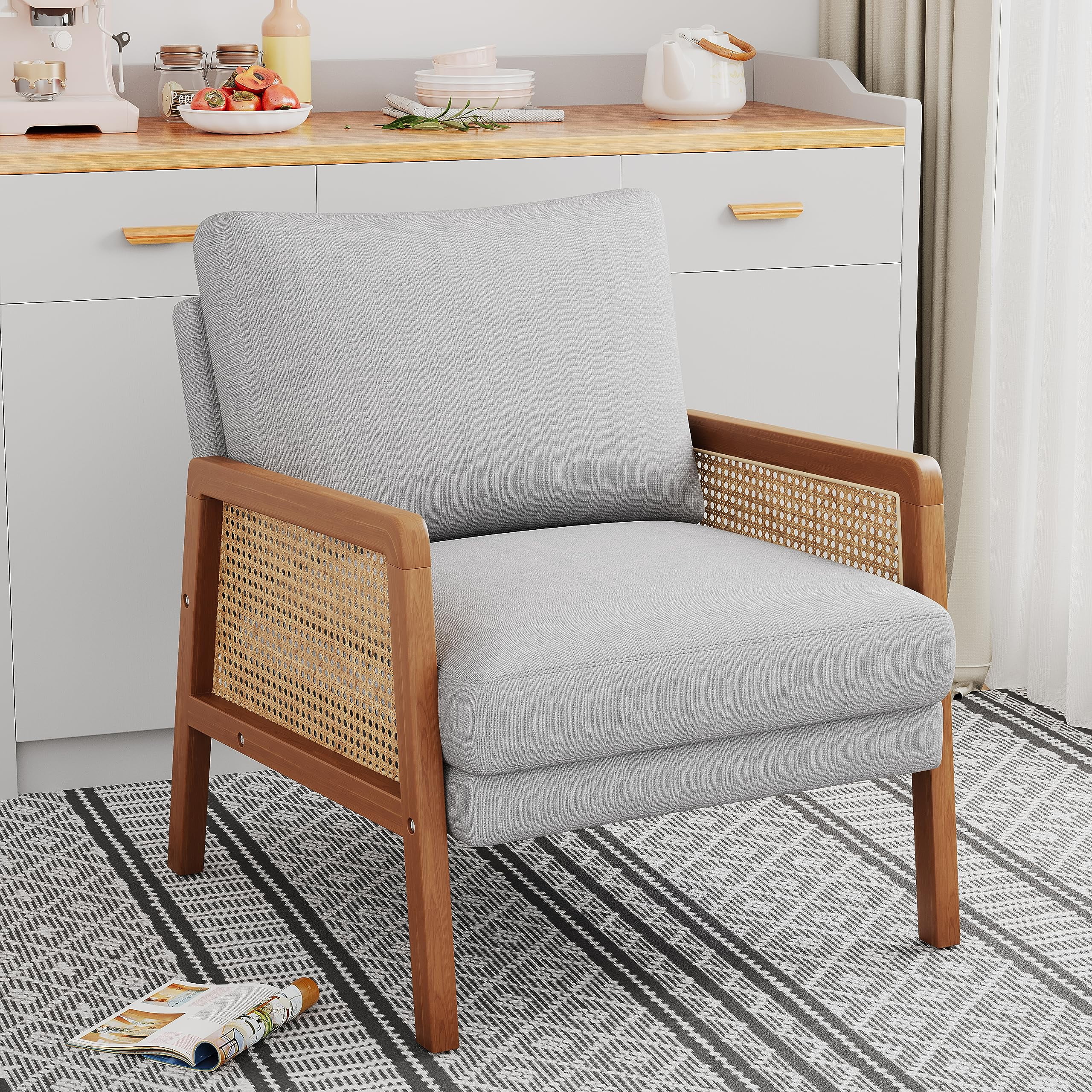 Apeaka Accent Chair Upholstered Living Room Chairs Natural Rattan Armchair Reading Bedroom