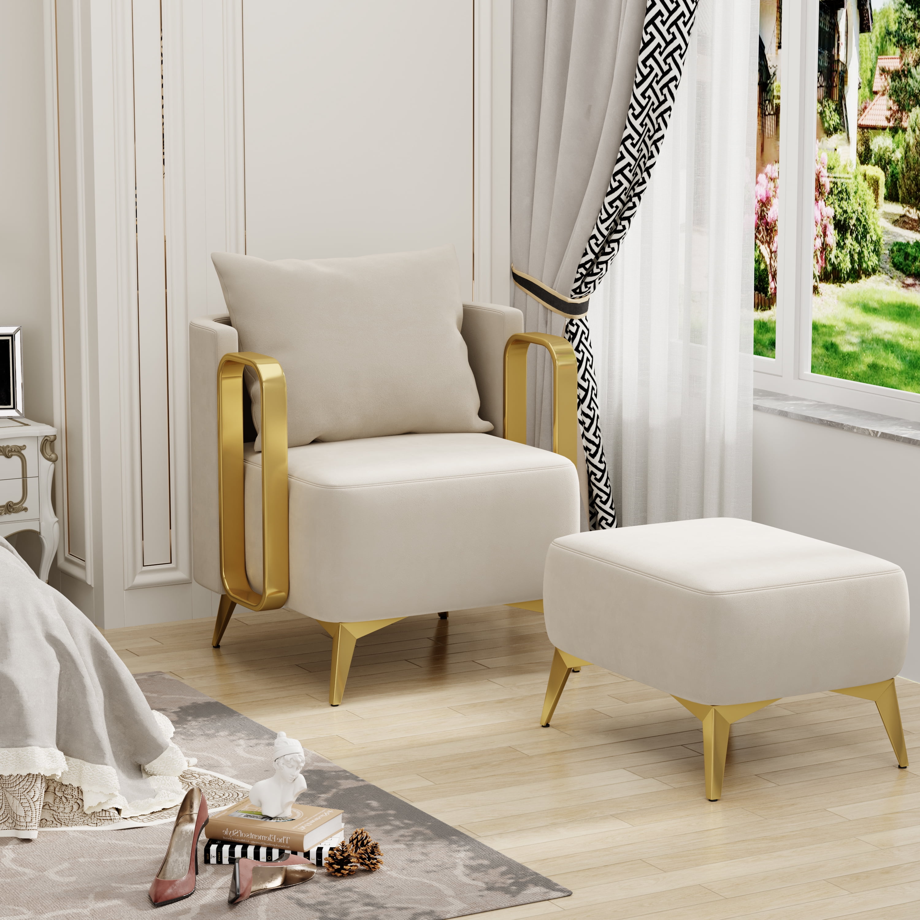 Apeaka Overstuffed Accent Chair with Ottoman for Small Spaces, Velvet ...