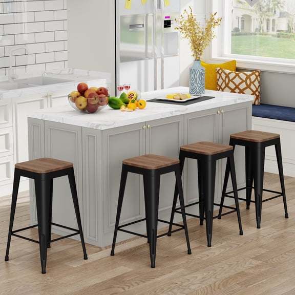 Apeaka Bar Stools Set of 4,Stackable Backless Bar stools Industrial Kitchen Patio Stool Bar Chairs with Wooden
