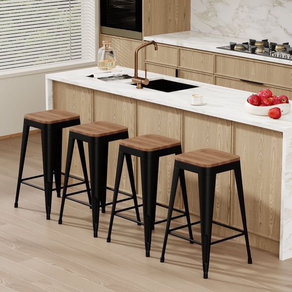 Apeaka Bar Stools Set of 4,Stackable Backless Bar stools Industrial Kitchen Patio Stool Bar Chairs with Wooden