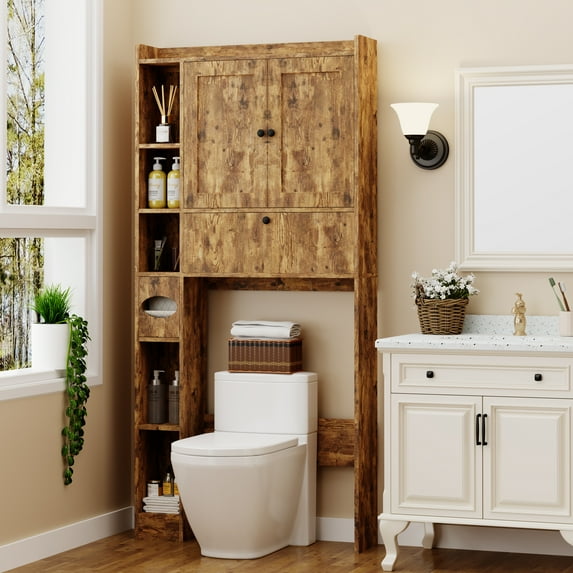 Apeaka Over The Toilet Storage Cabinet,Bathroom Storage Cabinet with Wooden Doors,Bathroom Organizer Over-The-Toilet Cabinet(White)