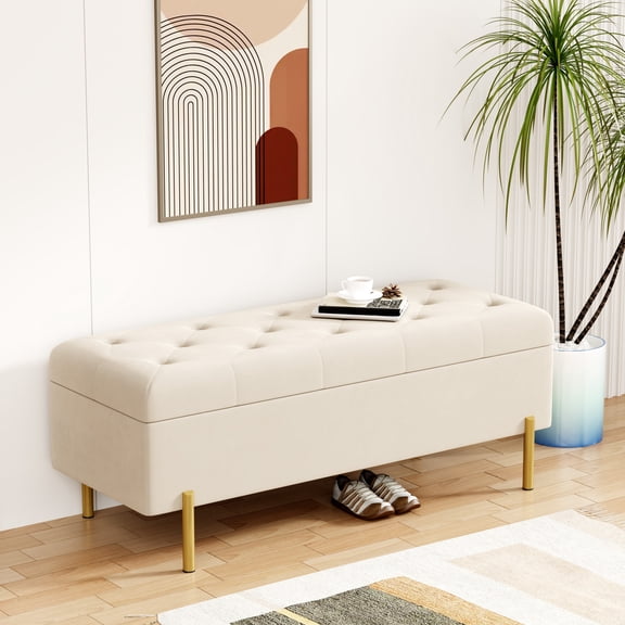 Apeaka Storage Ottoman Bench, End of Bed Storage Bench with Gold Base & Diamond Tufted Design for Living Room, Mid-Century Modern Upholstered Bench with Seating for Entryway