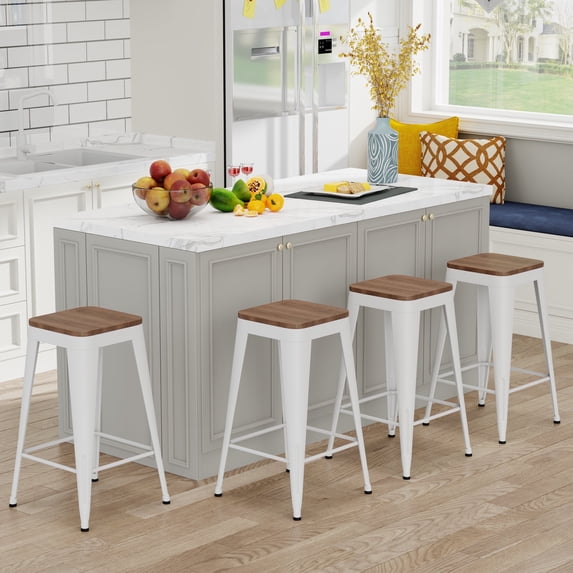 Apeaka WHITE barstools Set of 4,Stackable Backless Bar stools Industrial Kitchen Patio Stool