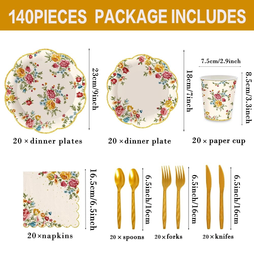 Apec's 140Pcs Vintage Floral Party Supplies Tableware Set Tea Party ...