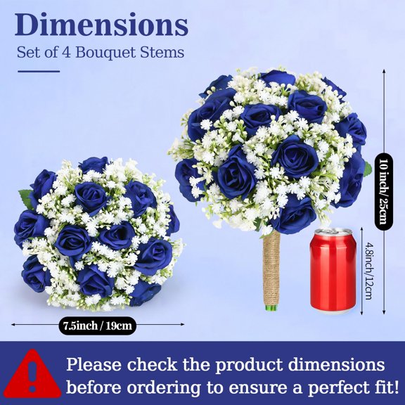 Apec's Artificial Bridesmaid Bouquets Set of 4 for inch Navy Blue Flowers Bouquets for Bridesmaids, Faux Rose Gypsophila Rustic Small Floral Bouquet Fake Wedding Party Ceremony Anniversary Decor V12