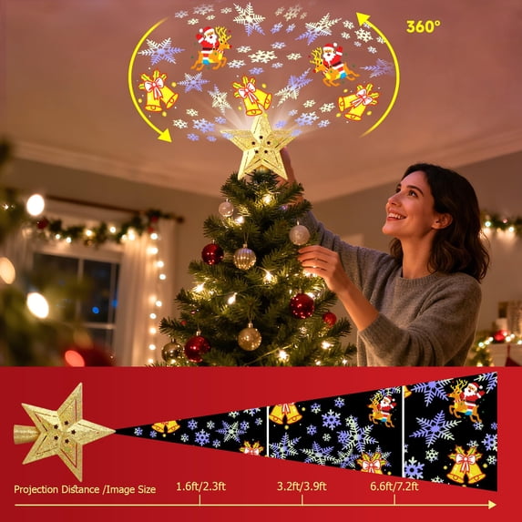 Apec's Christmas Tree Topper Star, 360° Rotating LED Projector Light ...