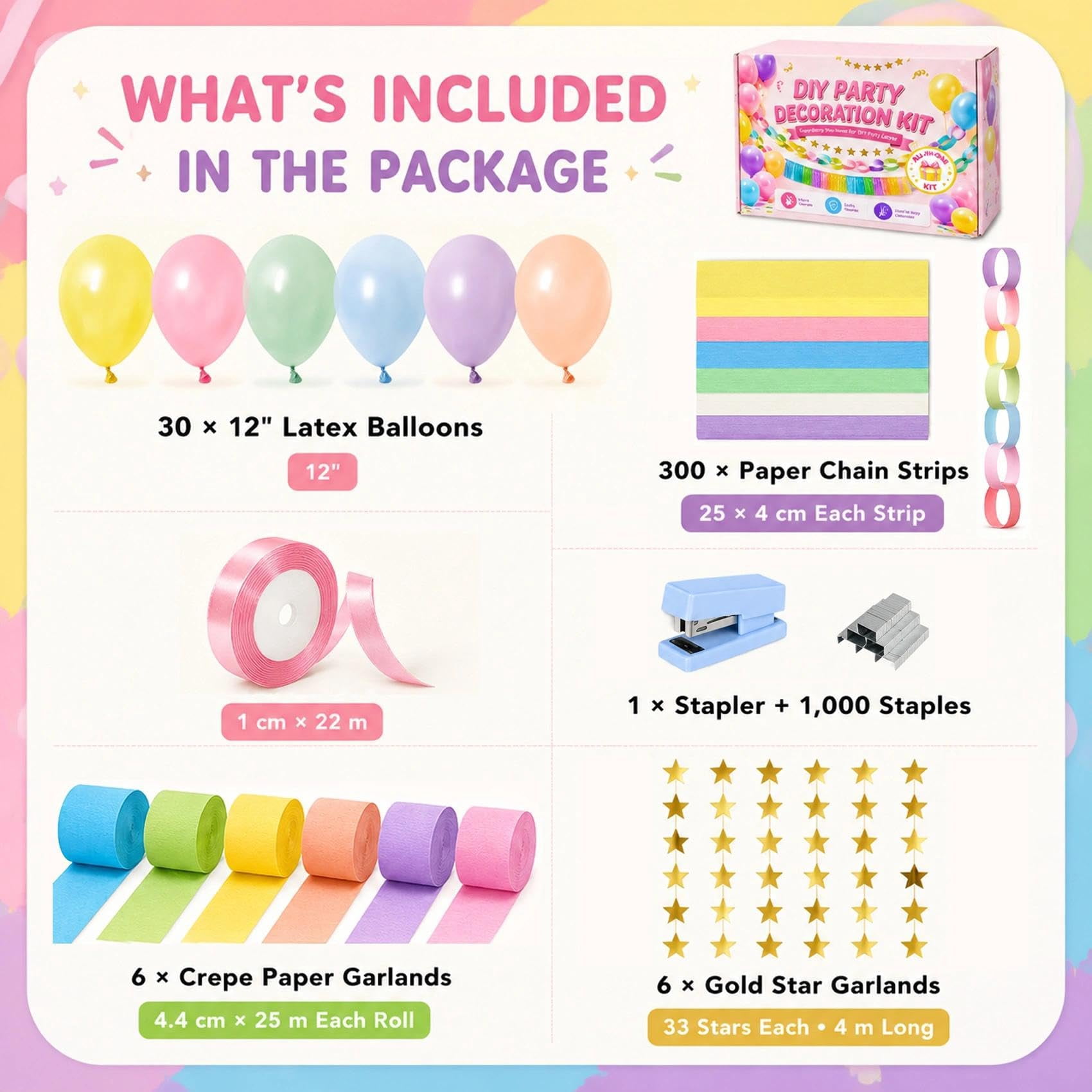 Apec's Pastel Birthday Decorations Kit with Paper Chain Garland V12 ...