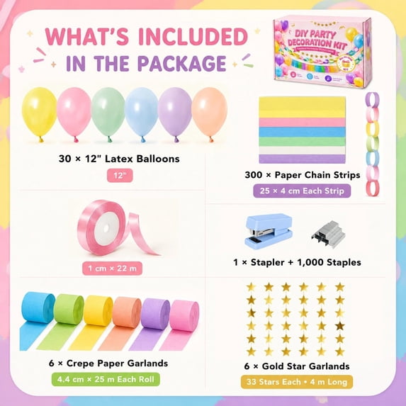 Paper Stapes Apec's Pastel Birthday Decorations Kit with Paper Chain Garland V12 ...