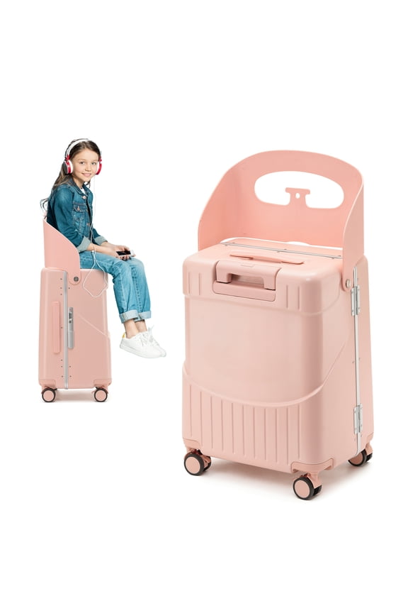 22'' Hardside Ride-On Suitcase with Seat for Kids & Adults Travel Luggage with 360 Spinner Wheels, Lockable TSA Lock & Seat Belts, Foldable Stool for Airport Waiting