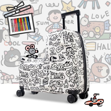 Apelila 22 Inch Ride-On Checked Suitcase For Kids With DIY Washable Markers TSA Lock 360 Wheels And Organizer Bag