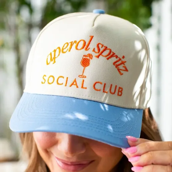 Aperol Spritz Social Club Trucker Hat, Fun Embroidered Adjustable Snapback Cap for Women and Men, Trendy Cocktail Party Hat for Summer Vibes and Everyday Style