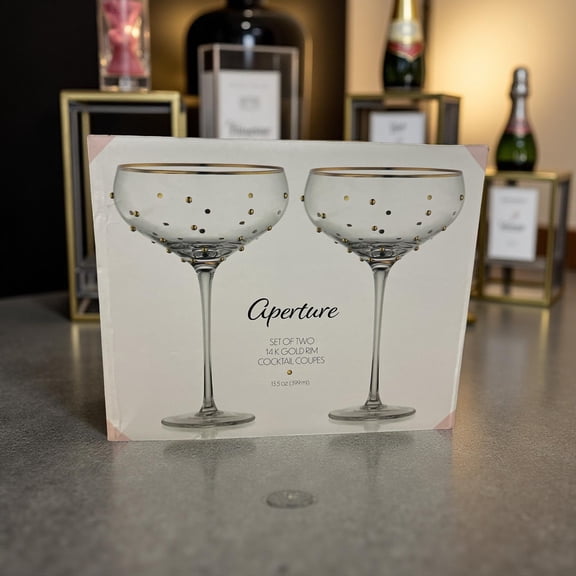 Aperture 14K Gold Rim Cocktail Coupe Glasses, Set of 2, 13.5 oz Clear Stemmed Martini & Champagne Glasses, Hand Wash Only