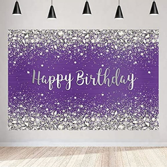 Aperturee 5x3ft Glitter Purple Diamonds Happy Birthday Backdrop Shinning Silver Bokeh Dots Women Girls Photography Background Sweet 16 Party Decorations Cake Table Banner Supplies Photo Booth Studio