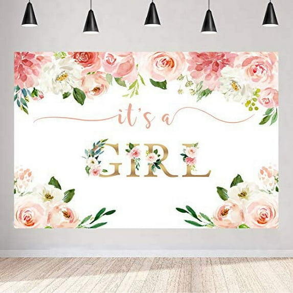 Aperturee It's a Girl Baby Shower Backdrop Watercolor Pink Floral Photography Background 5x3ft Flower Baby Girl Party Decorations Photo Booth Photoshoot Props Banner Supplies