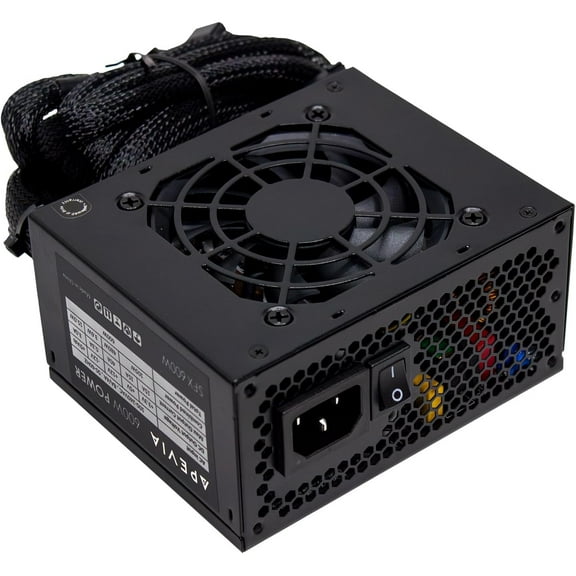 Apevia SFX-AP600W 600W Micro-ATX Power Supply Fixed Cables, Low Noise, Full Range Active PFC, Desktop & Gaming PC, Server Compatible PSU