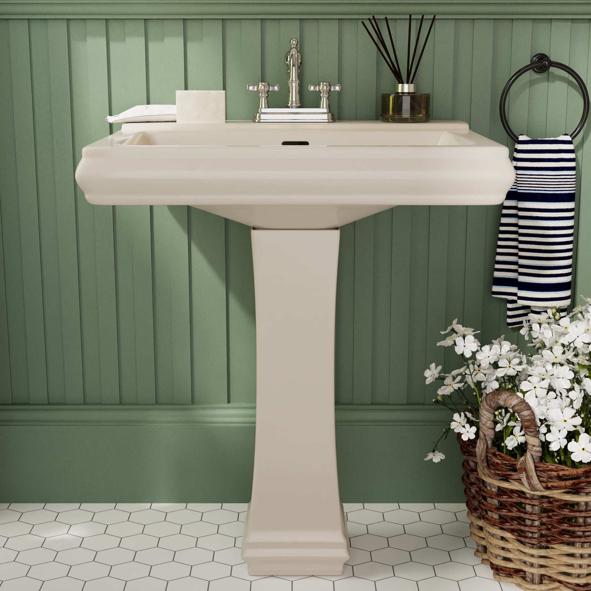Bone Ceramic Rectangular Pedestal Bathroom Sink with Triple Faucet Holes