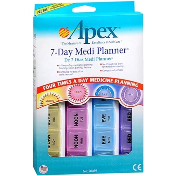Apex 7-Day Medication Tray Planner Pills Organizer, 4 Pack