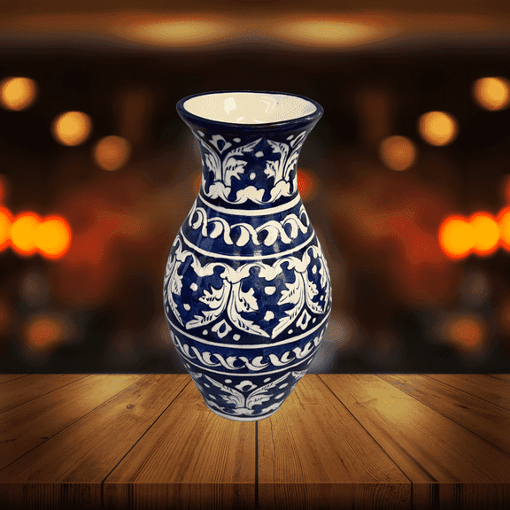Apex Global Blue Pottery Vase, 9 in, Washable, Classic Asian Design