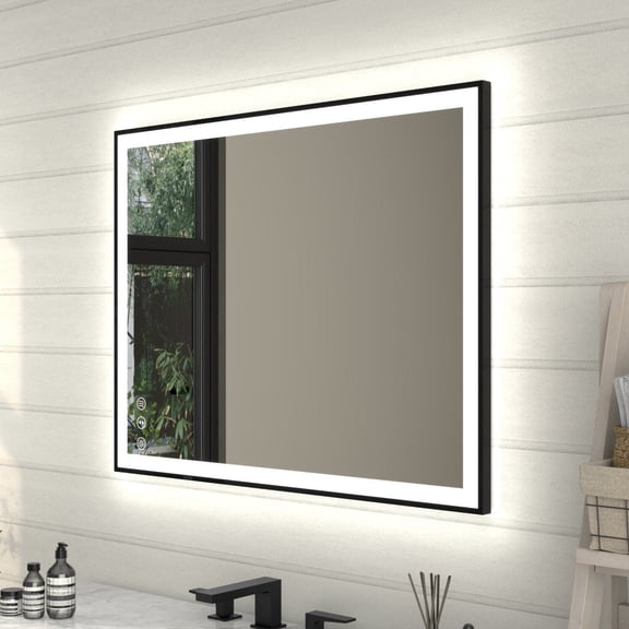 Apex-Noir 28x36 Framed LED Lighted Bathroom Mirror Matte Black Anti-Fog