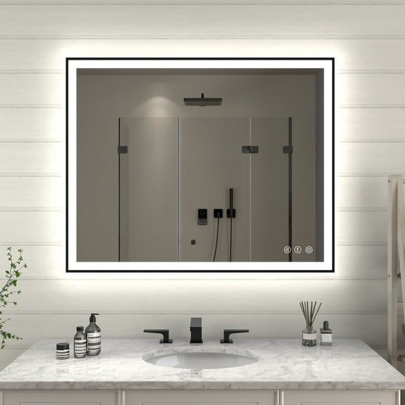 Exbrite Apex Noir 48" x 32" LED Backlit Dimmable Bathroom Mirror with Defogging and Tempered Glass