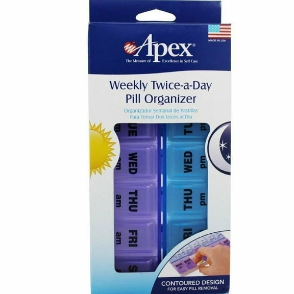Apex Weekly Twice a Day Pill Organizer Contoured Design for Easy Pill Removal