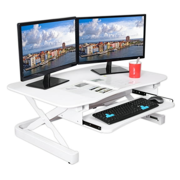 ApexDesk ZT Series Height Adjustable Sit to Stand Electric Desk Converter, 2-Tier Design with Large 36x24" Upper Work Surface and Lower Keyboard Tray Deck (White)