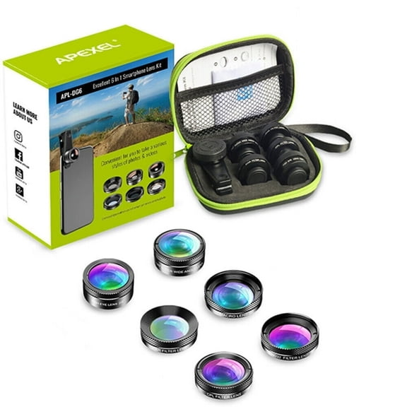 Apexel 6 in1 Clip on Camera Lens Kit Fisheye Wide Angle Macro for Cell Phone