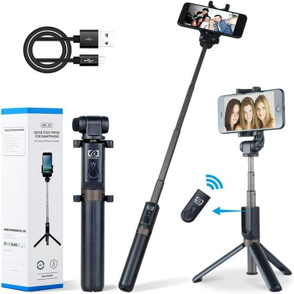 Apexel Selfie Stick Bluetooth with Foldable Tripod Stand and Remote Control Extendable Aluminum Alloy 360 Rotation Phone Holder