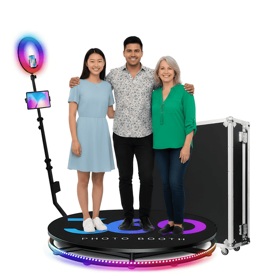 Apexscnview 31.5 Inch 360 Rotating Photo Booth with RGB Light Strip, App Control & Flight Case, Large Platform Accommodates 3-5 People for Wedding Party Events