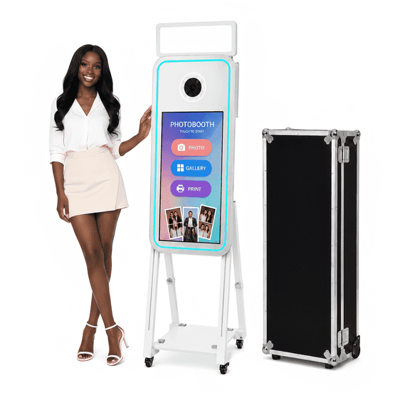 Apexscnview White Mirror Photo Booth, Interactive Touch Screen Magic Selfie Booth with Instant Photo Print & Fill Light, App Control