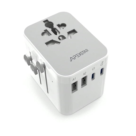 5-in-1 Universal Travel Adapter, International Power Plug Converter for UK EU US and AU Outlets, Worldwide Travel Charging Block